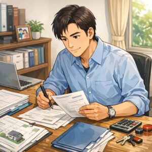 相続不動産売却のための書類を揃える男性
